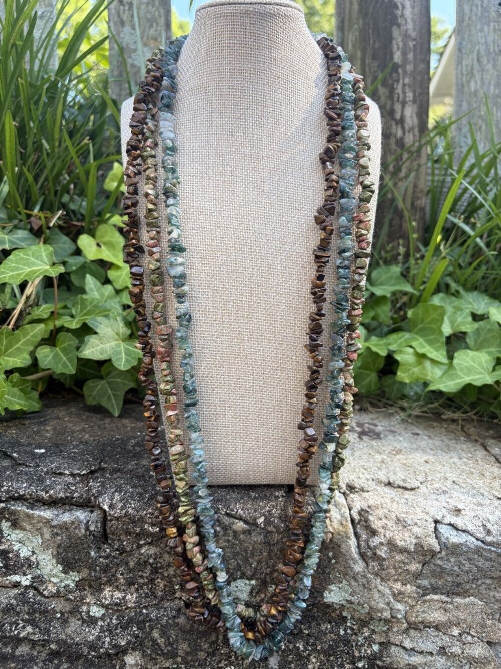 Boho Natural Stone Chip Necklace Bundle Tiger's Eye Unakite Moss Agate Long 32"